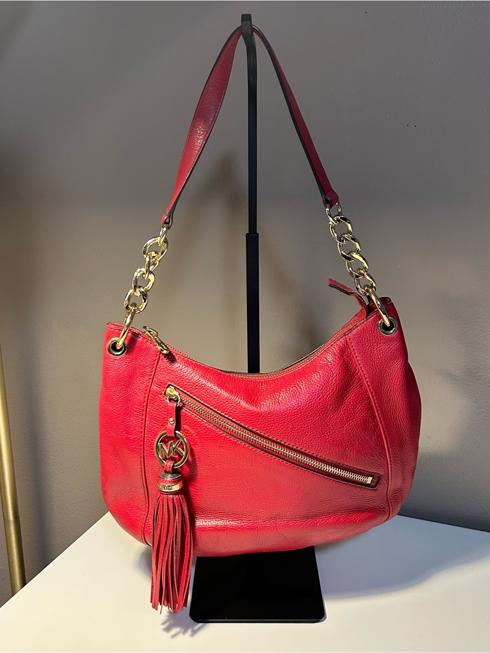 Michael Kors Red Leather Tassel Hobo Shoulder Bag Gold Hardware